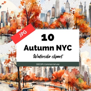 Aquarela outono clipart da cidade de Nova York, 10 JPGs de alta qualidade, uso comercial, download instantâneo, NYC, Fall City, paisagem urbana, gráficos de outono