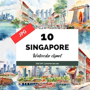 Watercolor Singapore clipart, 10 High quality JPG, Commercial use, Instant download, Asia travel, Summer vacation, Tourism, Holiday clip art