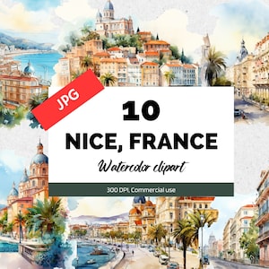 Clipart acquerello Nizza Francia, 10 JPG di alta qualità, Uso commerciale, Download istantaneo, Città, Case, Viaggi in Europa, Vacanze, Francese