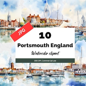 Aquarelle Portsmouth England clipart, 10 JPG de haute qualité, Utilisation commerciale, Téléchargement instantané, Fabrication de cartes, Carte de vœux, Cartes postales, Villes