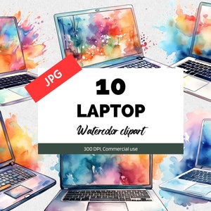 May include: Ten watercolor illustrations of laptops with colorful backgrounds. The laptops are all closed and have a white background. The text "10 LAPTOP Watercolor clipart 300 DPI, Commercial use" is in the center of the image.