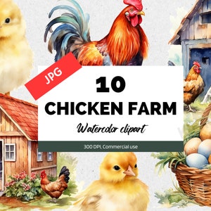 Watercolor chickens and chicks clipart, Farming clip art, 10 High quality JPGs, Commercial use, Instant download, Card making, Farm animal