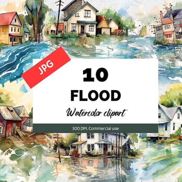 Watercolor flood clipart, 10 High quality JPGs, Commercial use, Instant download, Typhoon, Tornado, Flooding, Bad weather, Mother nature