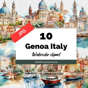 Clipart Gênes Italie, 10 fichiers JPG de haute qualité, usage commercial, téléchargement immédiat, paysage urbain, ville italienne, villes européennes, Europe, voyage, ville