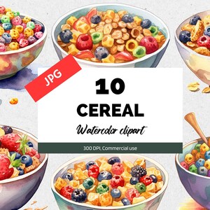 Watercolor cereal clipart, 10 High quality JPGs, Commercial use, Instant download, Junk journal, Breakfast, Back to school, Kids clip arts