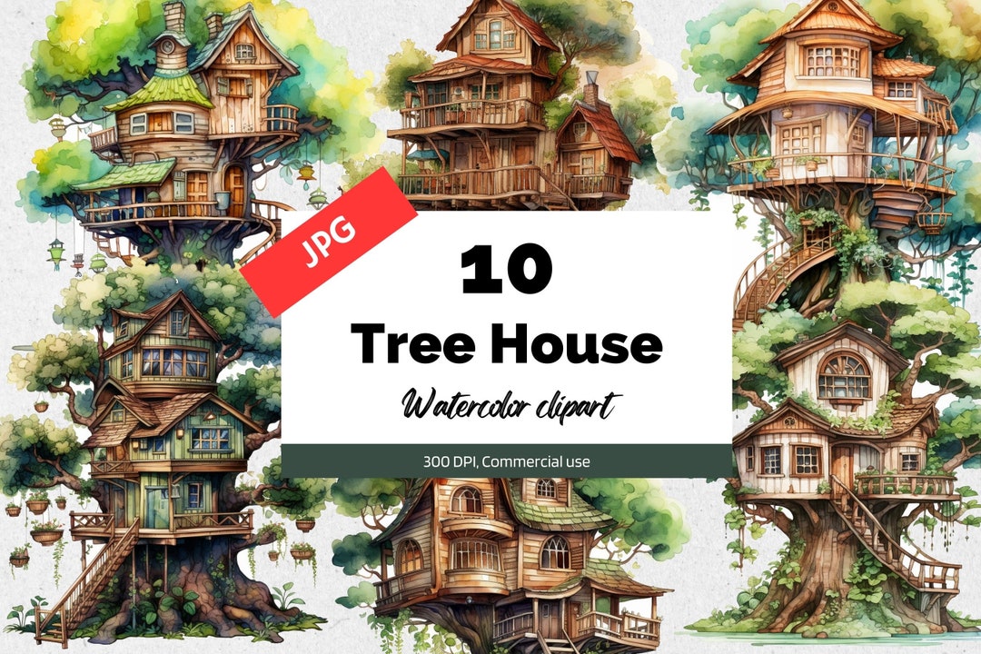 Watermark Treehouse Watercolor Treehouse Clipart, 10 High Quality Jpgs, Commercial Use ...