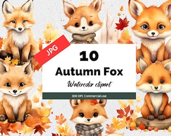 Imágenes prediseñadas de zorro de otoño, 10 JPG de alta calidad, Uso comercial, Descarga instantánea, Caída de acuarela, Zorros lindos, Animal del bosque, Decoración de dormitorio de niños