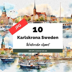 Karlskrona Suécia clipart, 10 JPG de alta qualidade, uso comercial, download instantâneo, cidade sueca, viagens, férias, paisagem urbana, criação de cartões