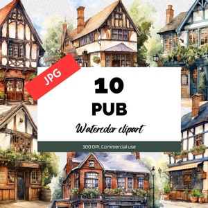 Clipart pub acquerello, 10 JPG di alta qualità, Uso commerciale, Download istantaneo, Germania, Inghilterra, Irlanda, Viaggi in Europa, Vacanze, Birre
