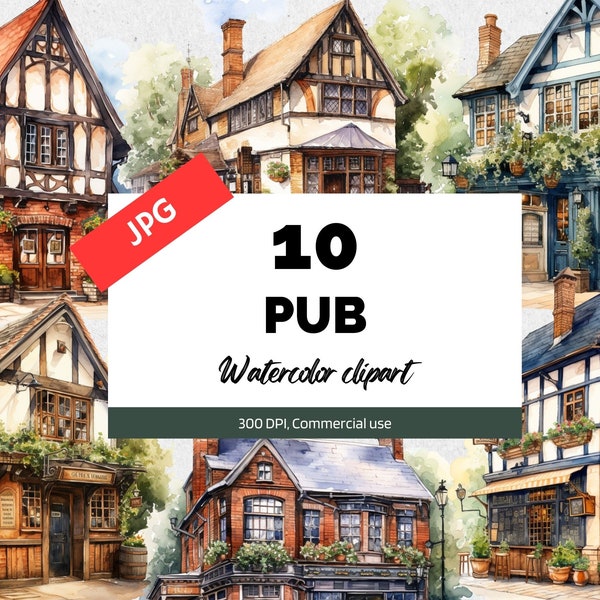 Watercolor pub clipart, 10 High quality JPGs, Commercial use, Instant download, Germany, England, Ireland, Europe travel, Vacation, Beers