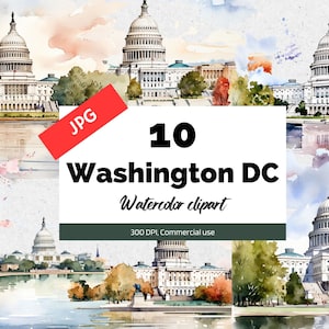 Acuarela Washington DC clipart, 10 JPG de alta calidad, Uso comercial, Descarga instantánea, Uso comercial, Ciudades americanas, América, EE.UU., arte