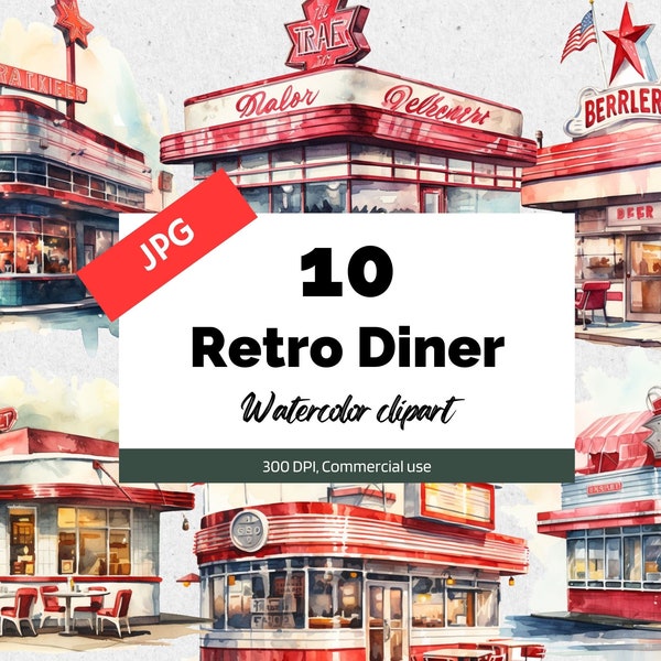 Watercolor retro diner clipart, 10 High quality JPGs, Commercial use, Instant download, Card making, Vintage, Restaurant, History, America