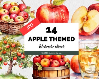 Watercolor apple clipart, 14 High quality JPGs, Commercial use, Digital download, Apple tree, Basket of apples, Apple juice, Fruit clip art