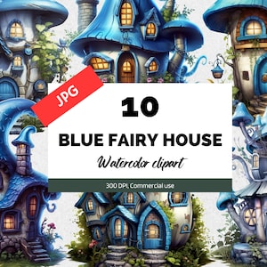 Clipart della casa delle fate blu, 10 JPG di alta qualità, Grafica clipart fantasy, Riviste spazzatura, Uso commerciale, Download istantaneo, Libro di fiabe