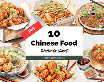 Chinese Food Takeout clipart, 10 High quality JPGs, Commercial use, Instant download, Fried chicken, Sweet and sour, Noodles, Dumplings