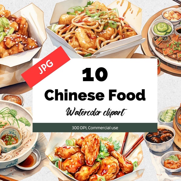 Chinese Food Takeout clipart, 10 High quality JPGs, Commercial use, Instant download, Fried chicken, Sweet and sour, Noodles, Dumplings