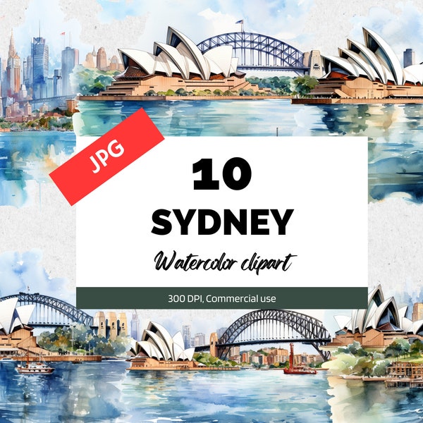 Watercolor Sydney Australia clipart, 10 High quality JPGs, Card making, Commercial use, Instant download, Australian, Summer vacation trip