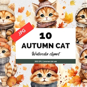 Clipart gatto d&#39;autunno, 10 JPG di alta qualità, Uso commerciale, Download istantaneo, Autunno, Ringraziamento, Halloween, Grafica autunnale, Autunno acquerello