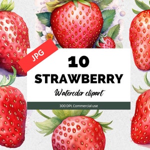 Watercolor strawberry clipart, 10 High quality JPGs, Commercial use, Instant download, Summer strawberries, Fresh fruits clip art, Scrapbook