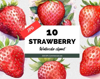 Akwarela truskawka clipart, 10 wysokiej jakości JPG, Wykorzystanie komercyjne, Natychmiastowe pobieranie, Truskawki letnie, Świeże owoce clipart, Album