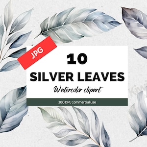 Aquarel zilveren blad clipart, 10 hoge kwaliteit JPG's, zilveren bladeren clip art, kunst aan de muur kinderkamer, kaart maken, wenskaart, scrapbooking