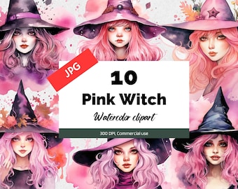 Aquarel roze heks clipart, 10 hoge kwaliteit JPG's, commercieel gebruik, Instant download, Halloween, heksen cliparts, kaarten maken, meisjes kunst