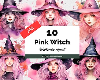 Watercolor pink witch clipart,  10 High quality JPGs, Commercial use, Instant download, Halloween, Witches cliparts, Card making, Girls art