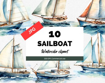Watercolor sailboat clipart, 10 High quality JPG, Commercial use, Instant download, Cute nautical ocean, Sailing, Summer clip art, Scrapbook