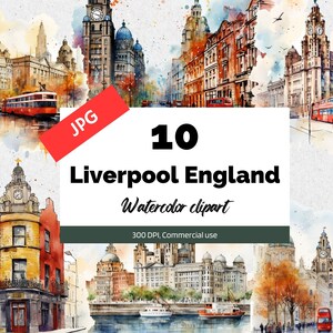 Clipart de aquarela Liverpool Inglaterra, 10 JPGs de alta qualidade, uso comercial, download instantâneo, criação de cartões, cartões comemorativos, cartões postais, viagens