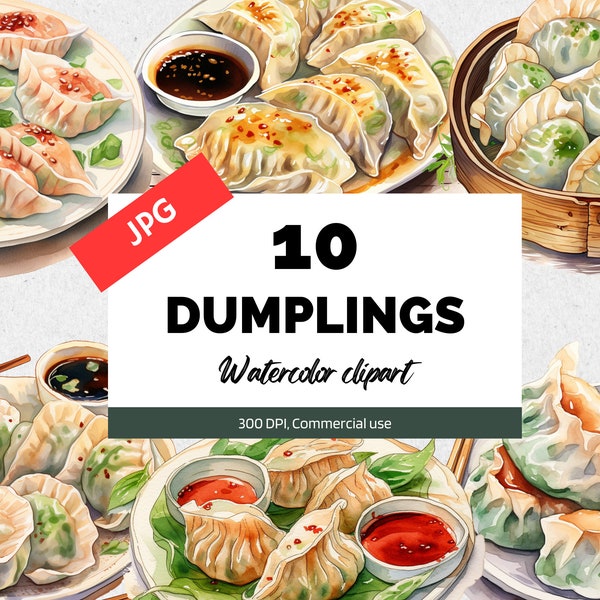 Watercolor dumplings clipart, 10 High quality JPGs, Card making, Asian food, Mixed media, Scrapbooking, Commercial use, Instant download