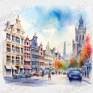 May include: Watercolor painting of a European city street scene with colorful buildings, a tall church tower, and people walking on the sidewalk. The sky is blue with white clouds.