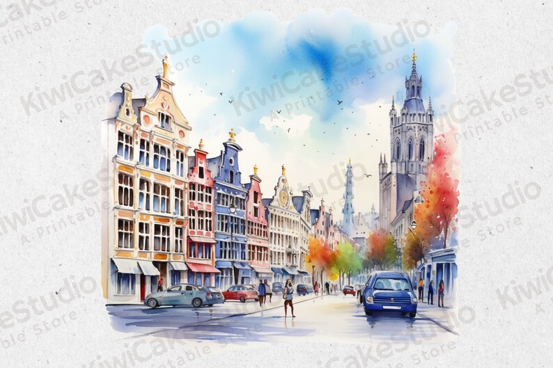 May include: Watercolor painting of a European city street scene with colorful buildings, a tall church tower, and people walking on the sidewalk. The sky is blue with white clouds.