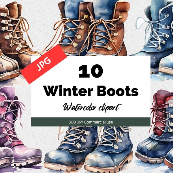 Watercolor winter boots clipart, 10 High quality JPG, Commercial use, Instant download, Winter illustration, Snow, Snowing, Christmas season