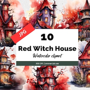 Red witch house clipart, 10 High quality JPGs, Commercial use, Instant download, Witches cliparts, Halloween graphics, Fantasy watercolor