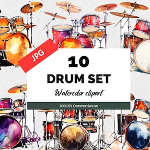 Aquarell Schlagzeug Clipart, 10 hochwertige JPGs, kommerzielle Nutzung, Sofortiger Download, Schlagzeuger ClipArt, Musiker, Musical, Instrument, Band