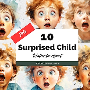 Aquarell überraschtes Kindergesicht Clipart, 10 hochwertige JPGs, kommerzielle Nutzung, Sofort-Download, Werbegrafik, Kids, Kinder, Überraschung