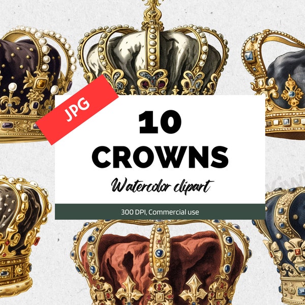 Vintage Gold crowns clipart, 10 High quality JPGs, Vintage antique royal crown, Commercial use, Instant download, Card making