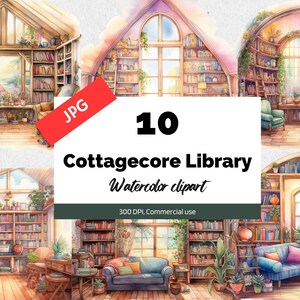 May include: Ten watercolour illustrations of cottagecore library interiors. Each image features a cosy armchair, bookshelves filled with books, and a window with a view of nature. The images are perfect for creating digital or printed designs.