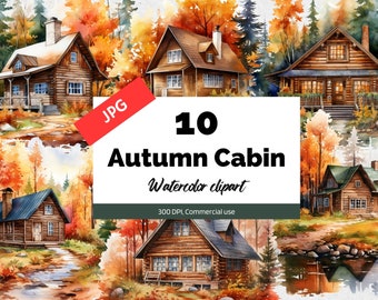 Watercolor autumn cabin clipart,  10 High quality JPGs, Commercial use, Instant download, Fall graphics, Woodlands, Nature, Lake, Trees