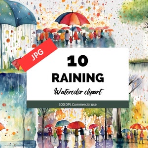 Imágenes Prediseñadas de lluvia de acuarela, 10 JPG de alta calidad, uso comercial, descarga instantánea, día lluvioso, tiempo de primavera, tiempo de verano, clima, álbum de recortes