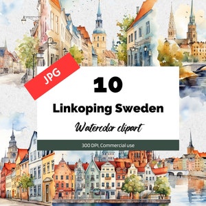 May include: A set of 10 watercolor illustrations of Linköping, Sweden. The illustrations depict the city's architecture, including buildings, bridges, and a river. The illustrations are in a soft, muted color palette, with shades of blue, green, yellow, and brown.