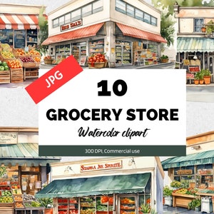 Imágenes prediseñadas de la tienda de comestibles de acuarela, 10 JPG de alta calidad, Uso comercial, Descarga instantánea, Supermercado, Compras de comestibles, Recados, Lista de tareas pendientes