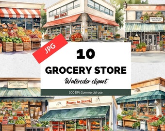 Imágenes prediseñadas de la tienda de comestibles de acuarela, 10 JPG de alta calidad, Uso comercial, Descarga instantánea, Supermercado, Compras de comestibles, Recados, Lista de tareas pendientes