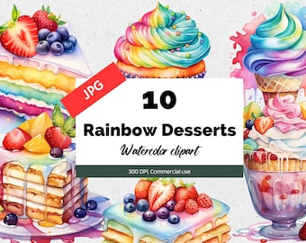 Watercolor rainbow desserts clipart, 10 High quality JPGs, Commercial use, Instant download, Bakery, Baking, Sweets food, Cupcake, Ice cream