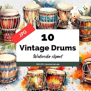Watercolor vintage drums clipart, 10 High quality JPGs, Commercial use, Instant download, Card making, Hippies, Indigenous, Native Americans