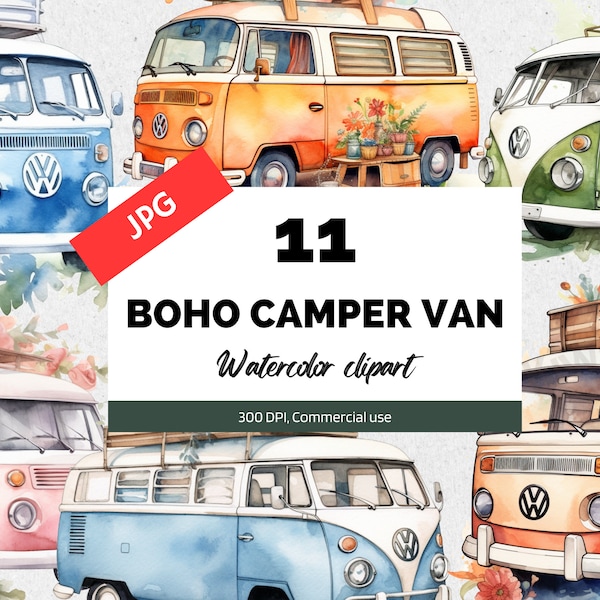 Boho camper van clipart, 11 High quality JPGs, Cute clipart, Apparel, Digital planners, Commercial use, Junk journals, Instant download