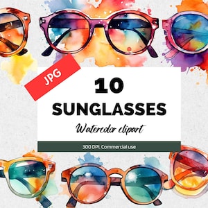 Watercolor sunglasses clipart, 10 High quality JPGs, Commercial use, Instant download, Summer clip art, Vacation, Sunny weather, Card making