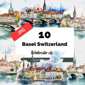 Peut inclure: Une peinture à l'aquarelle de la ville de Bâle, en Suisse. La peinture montre l'horizon de la ville, y compris le Rhin, les ponts et les bâtiments. La peinture est dans une palette de couleurs douces de bleus, de verts et de bruns.