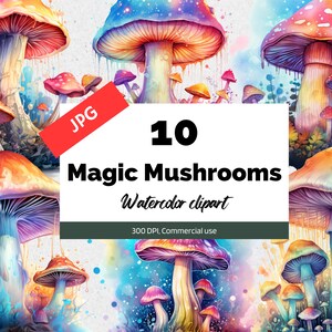 Watercolor magic mushrooms clipart, 10 High quality JPGs, Commercial use, Instant download, Enchanting magical mushroom, Card making