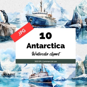 Watercolor Antarctica clipart, 10 High quality JPG, Commercial use, Instant download, South Pole, Vacation, Adventure, Travel, Ship, Iceberg